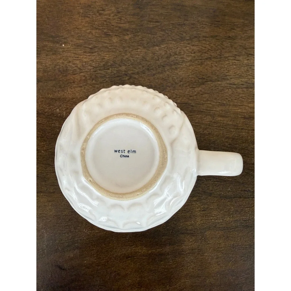 West‎ Elm PAIR (2) White Embossed Ceramic Owl Mugs and Saucers RARE